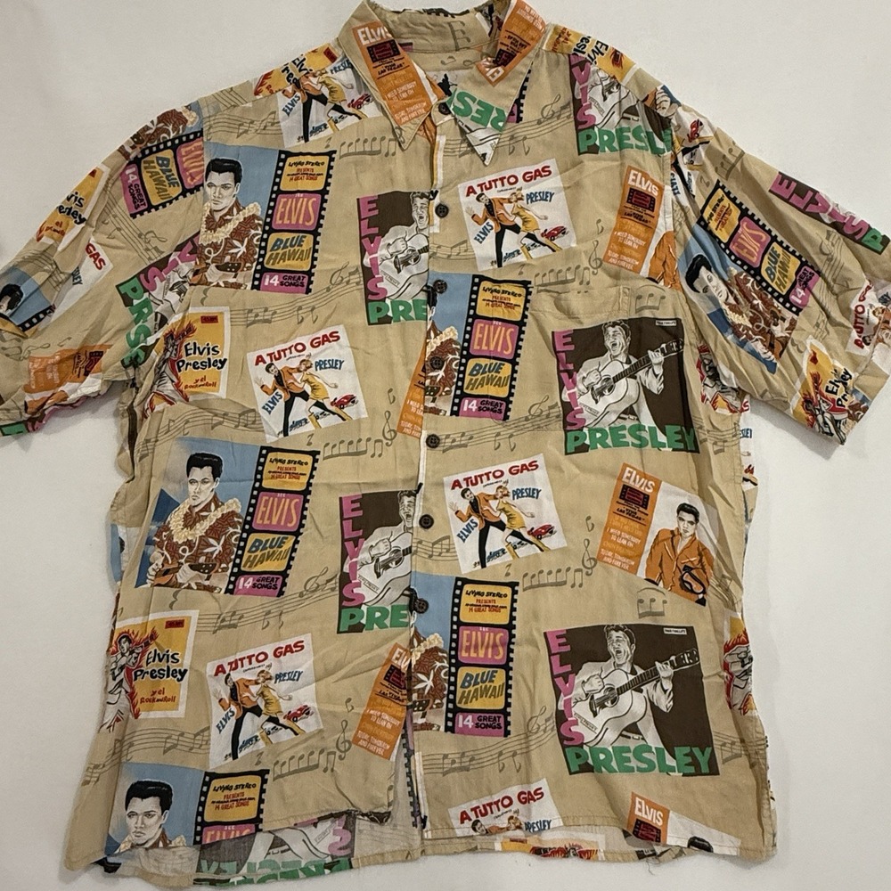 Reyn Spooner Hawaiian Shirt Mens Sz L Elvis Presley Brown Greatest Hits Aloha
